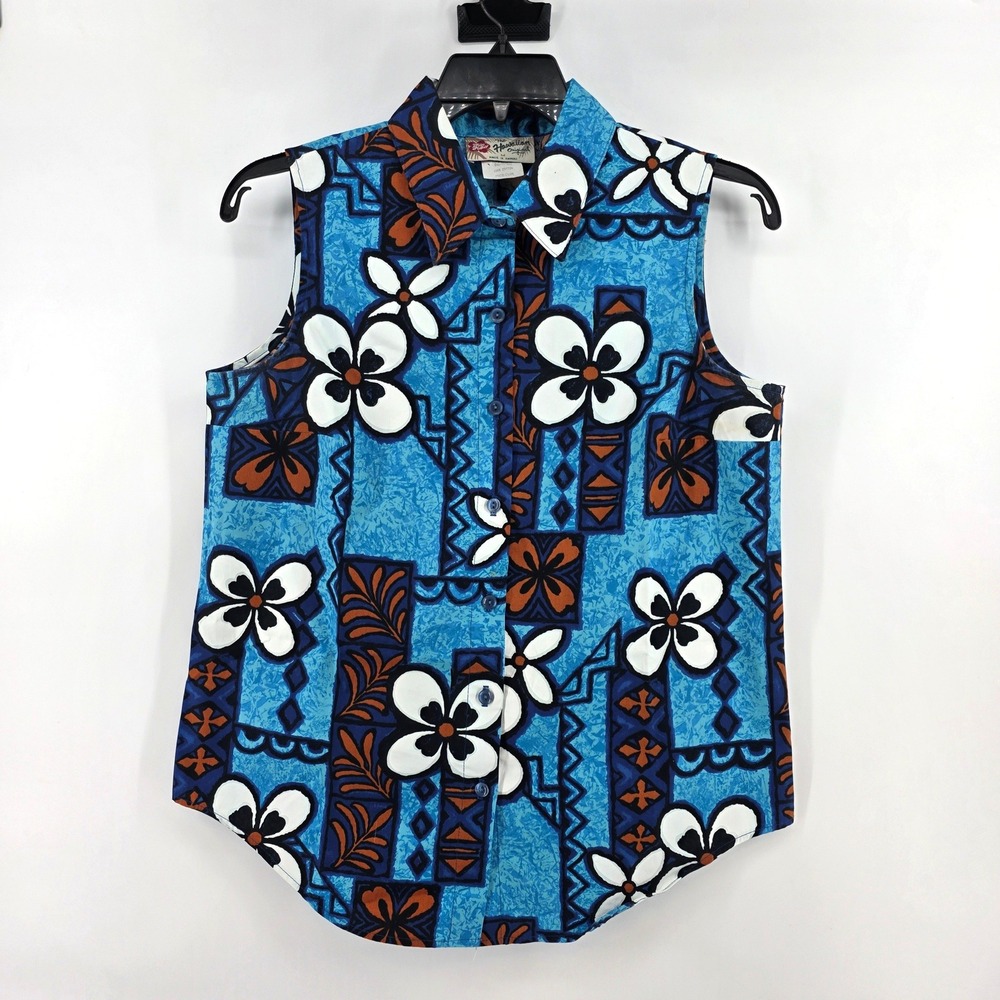 Hilo Hattie Vintage Hawaiian Sleeveless Shirt Blue Floral Cotton Top Size M